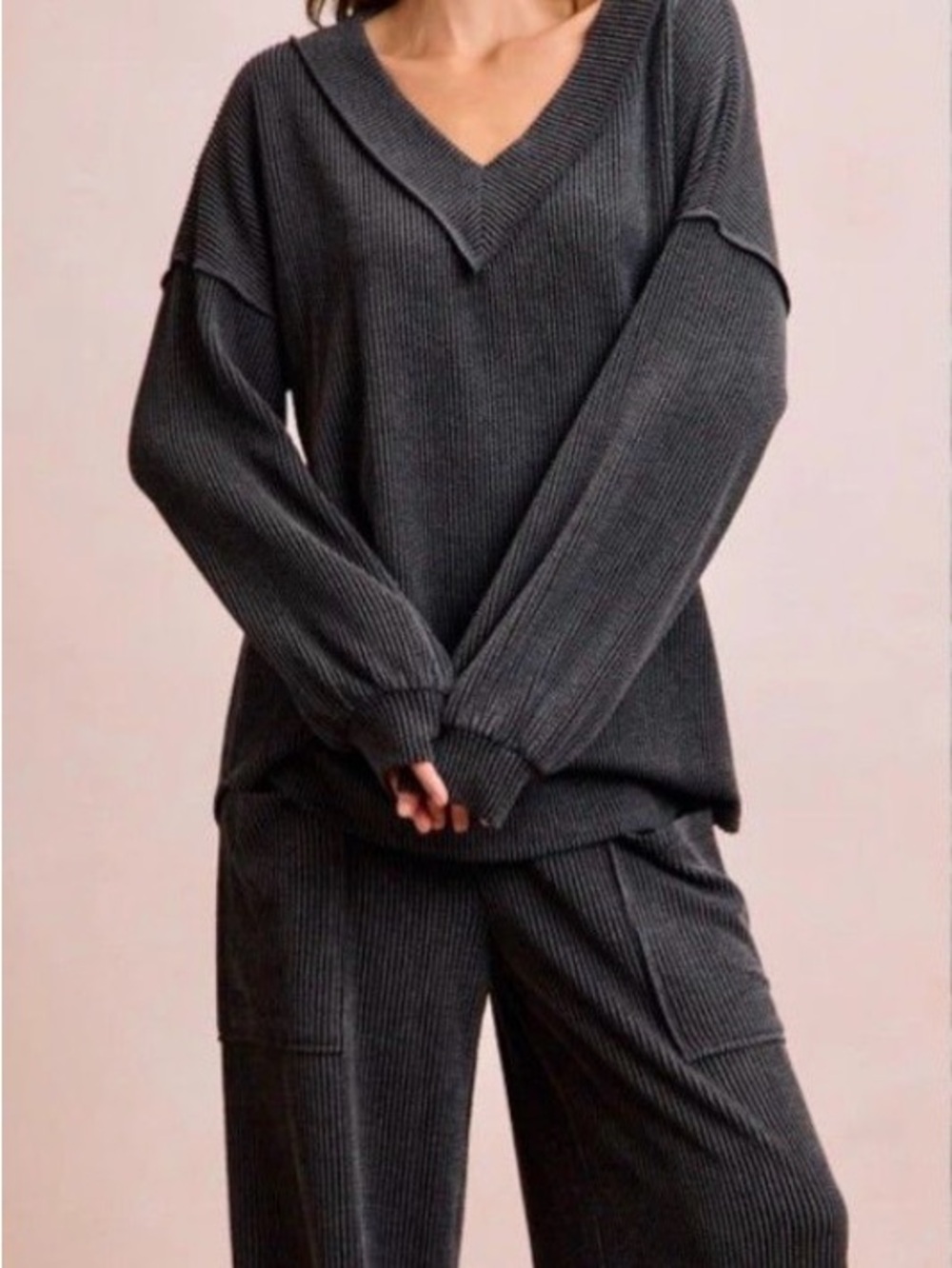 Bibi Dark Charcoal Ribbed V-Neck Sweater Set
